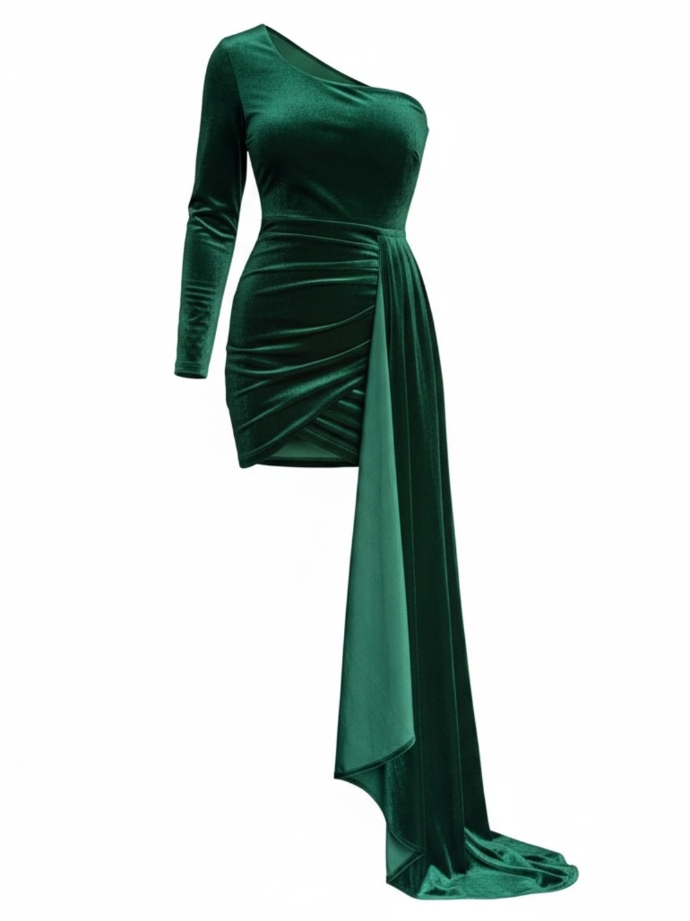 Emerald Green One-Shoulder Draped Velvet Mini Dress